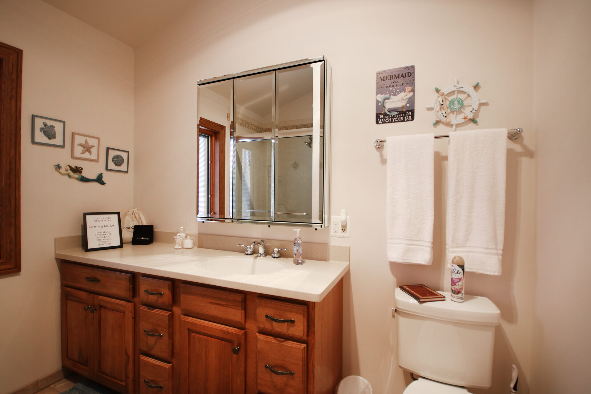 Coastal-themed guest bathroom