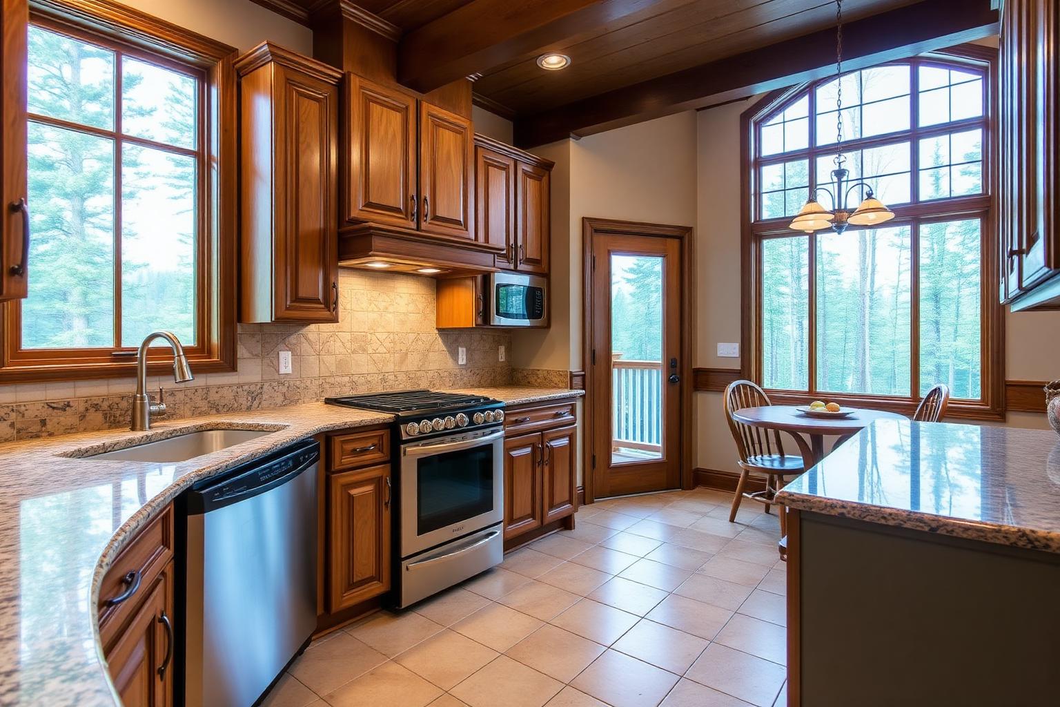 Kitchen with granite counters and forest views