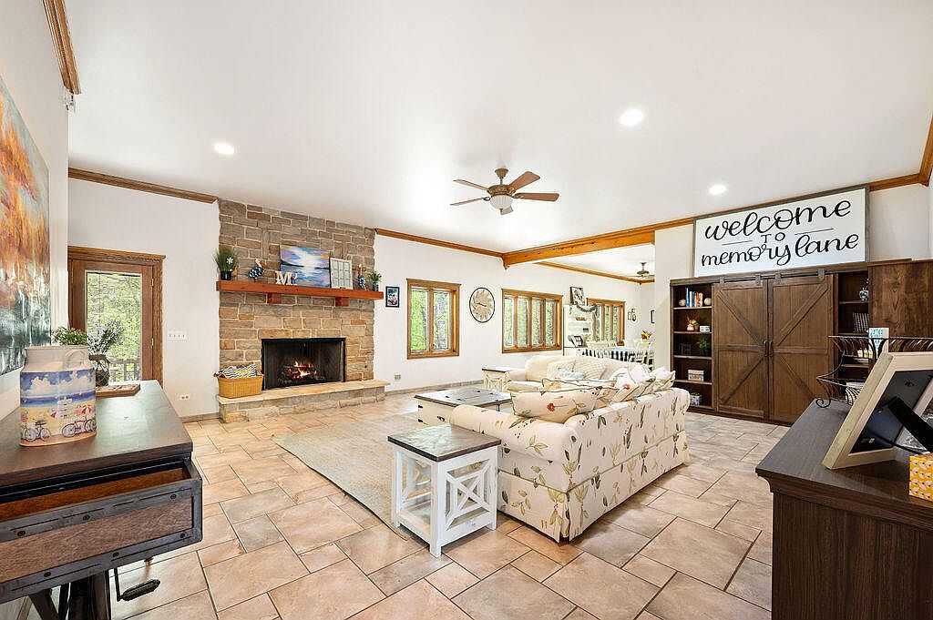 Great room with stone fireplace